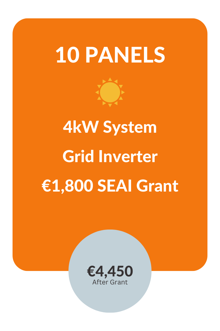Solar panel system offer: 10 panels, 4kW system, grid inverter, €1,800 SEAI grant, €4,450 after grant. About Us.